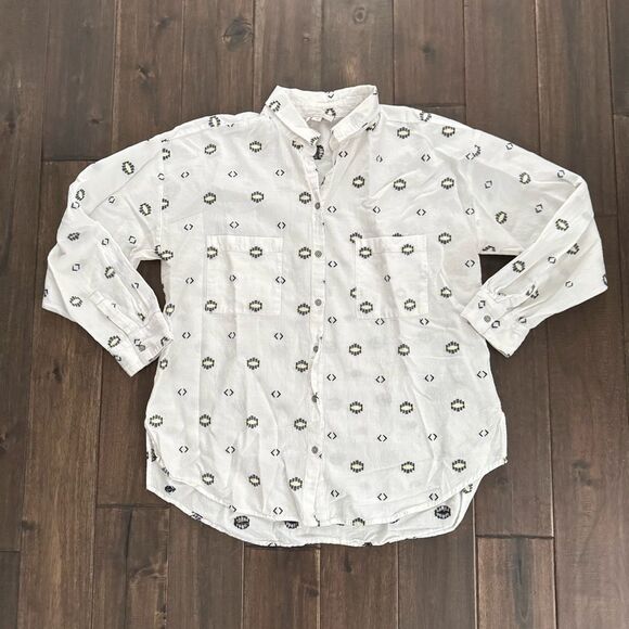 LOFT Outlet White with Black & Yellow Tribal Button Down Shirt L - Picture 1 of 4